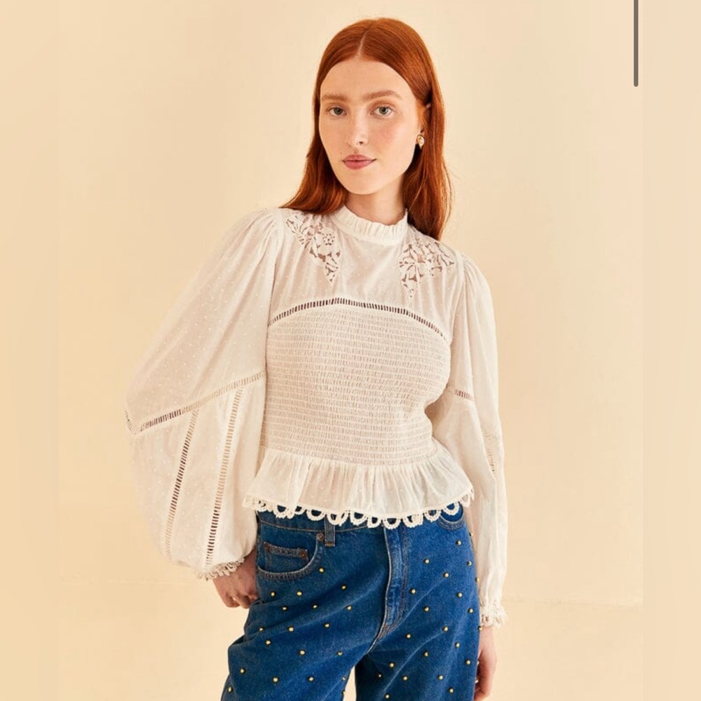 Farm Rio off white smocked blouse